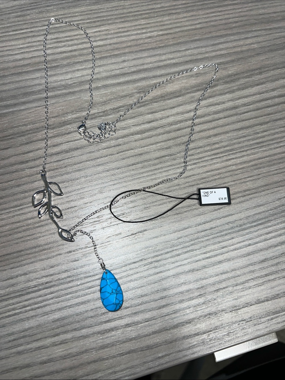 Silver Leaf Pendant Necklace with Turquoise Teardrop Accent